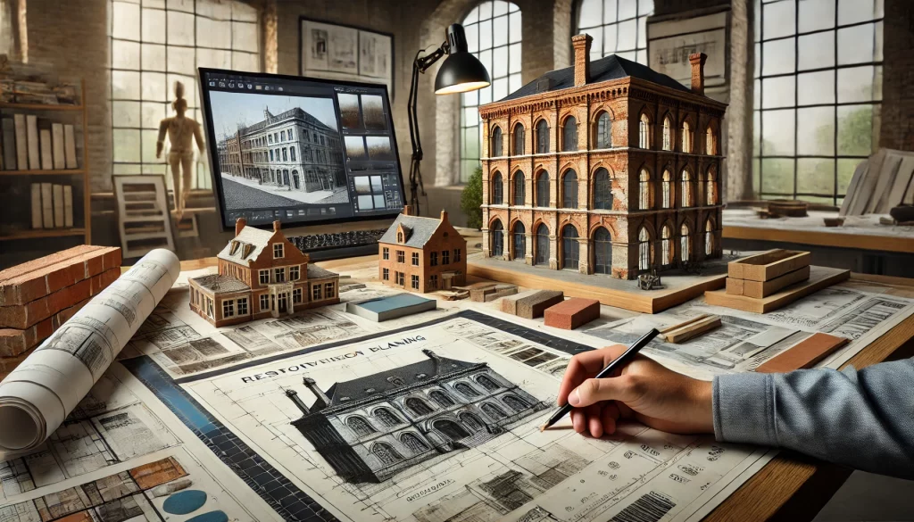 Grundmann Wiedemann Architekten Innenarchitekten Eine Maennserhand zeichent einen Plan fuer die Sanierung eines alten Gebaeudes